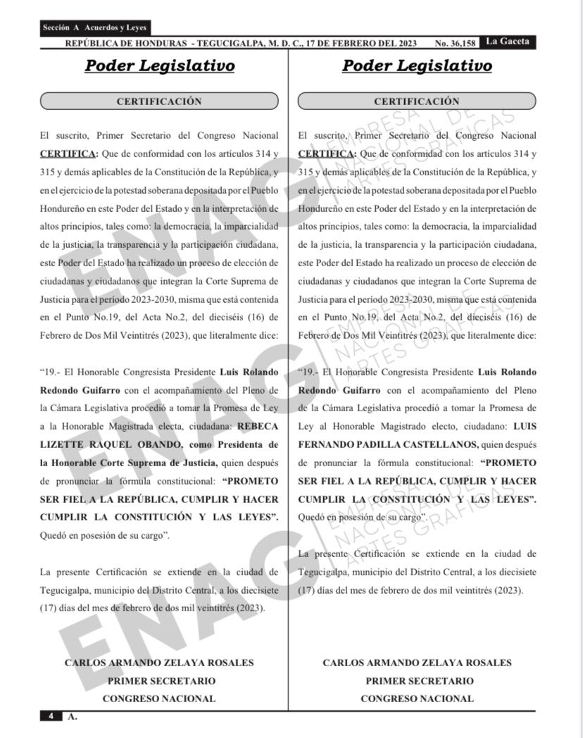 Publicado en el Diario Oficial La Gaceta el decreto que acredita a los magistrados de la Corte Suprema de Justicia para el período 2023 - 2030